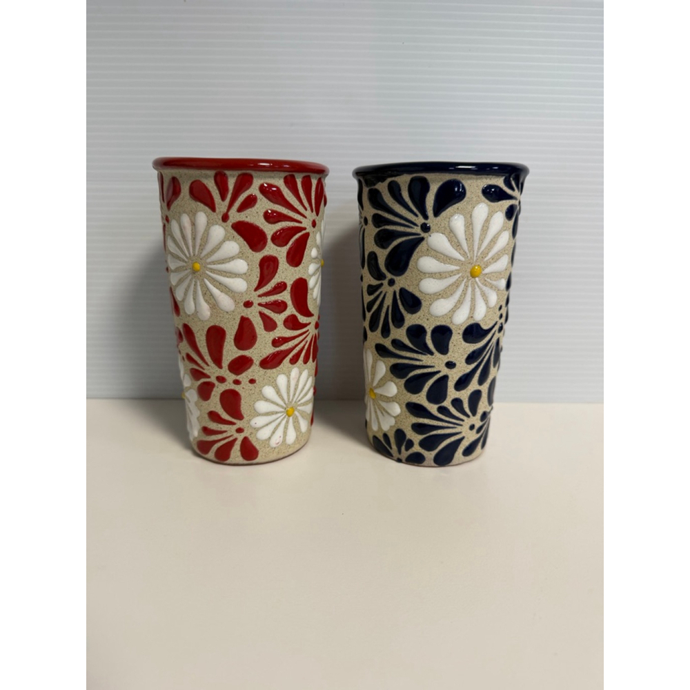 Lot of 2 Venegas Beige Red Blue Floral Ceramic Vases One Size Handmade Mexico - Picture 4 of 11